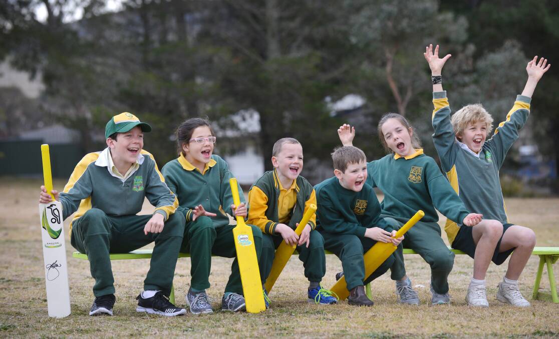 BENDY BACKERS: Bendemeer Public School Josh Hazlewood fans, from left Lachlan Chaffey, Ruby Chaffey, Jayden Donnelly, Lawson, Lily Chaffey and Seth Axon on the bench.  Photo: Barry Smith  220715BSA13