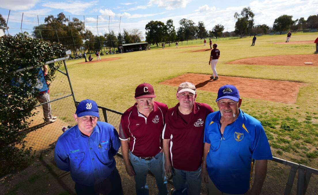 Len Holt, left, Peter Lemming, Malcolm Cramp and Dave King are ready for next week’s Old Boys Day, which will offer a chance for past players to catch-up, have a game and watch a preliminary final. Photo: Gareth Gardner 220815GGB13