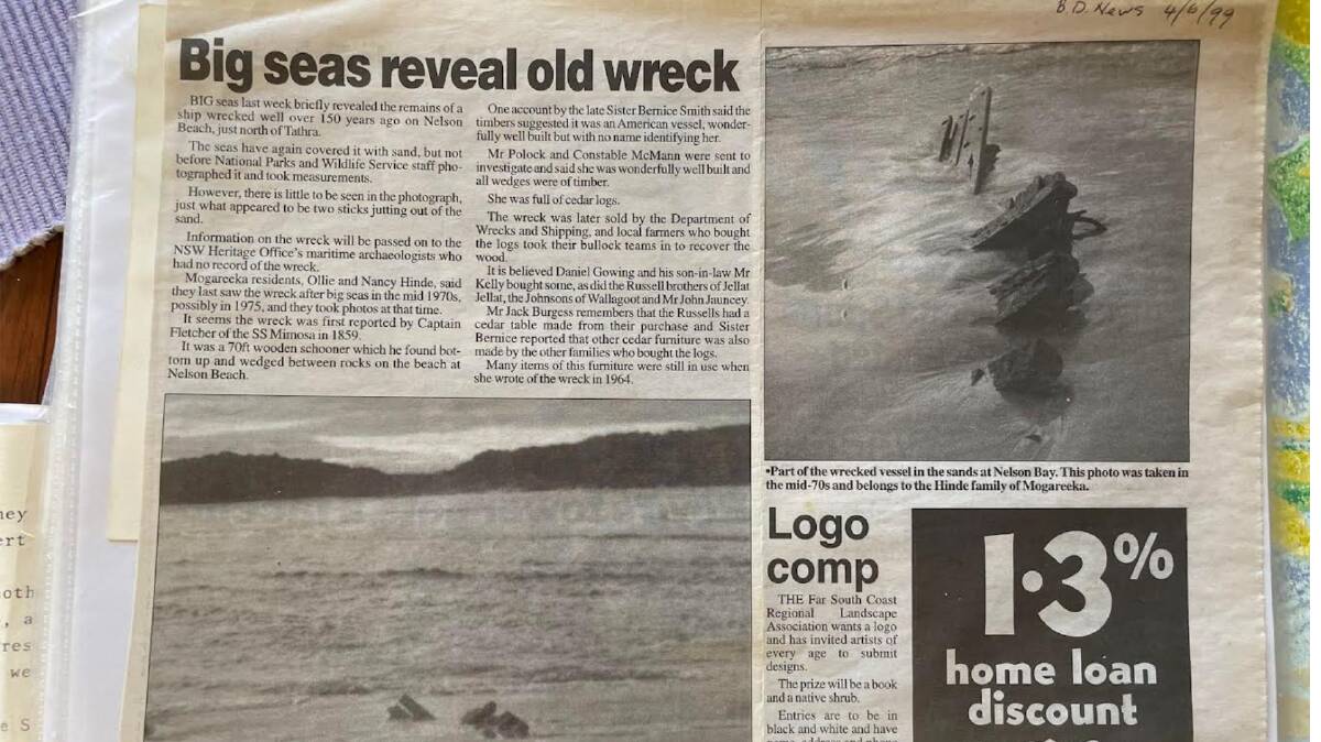 An article excerpt from the Bega District News published on April 4, 1999 titled 'Big seas reveal old wreck'. Source: archieved article provided by the Hinde family. 