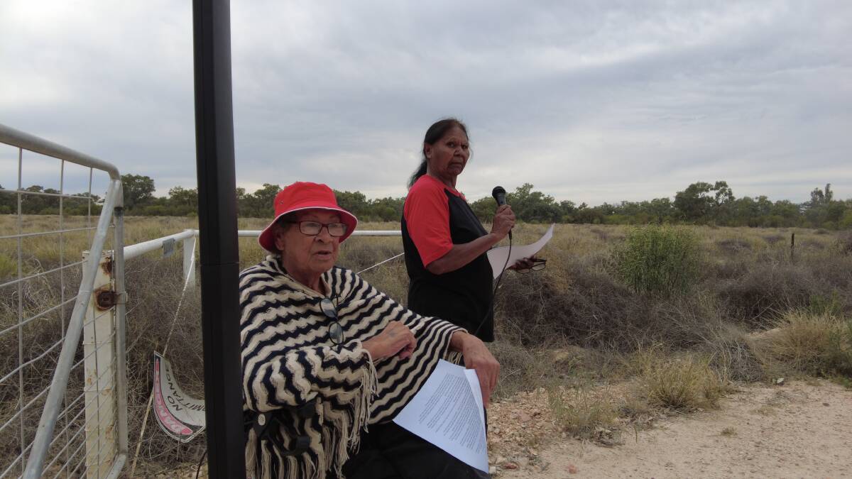 DEG's Virginia Robinson and Norma Kennedy at the now-open gate leading to the Barwon river and weir. Picture via Dharriwaa Elders Group
