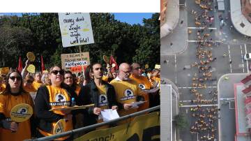 Protesters in Newcastle (left) and marching through Sydney (right) on Friday, May 27.