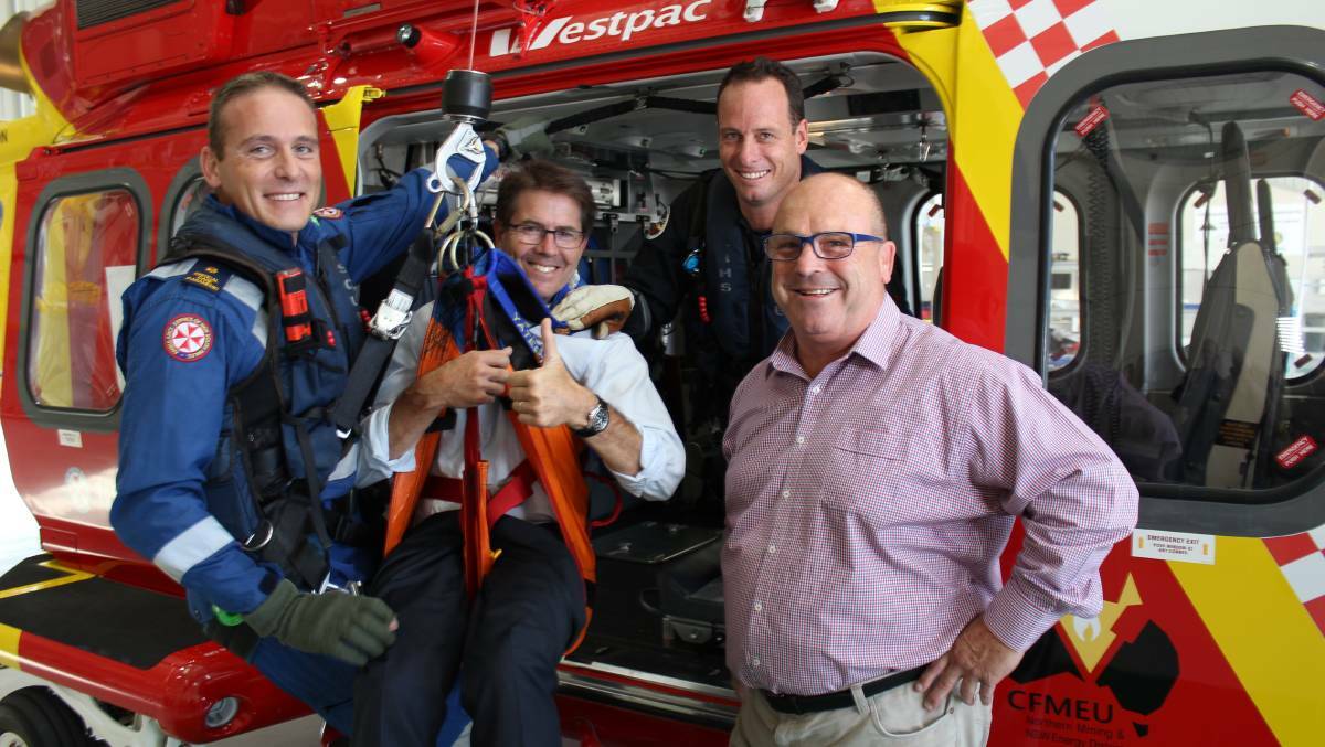 Paramedic Alessandro Simeoli, Tamworth MP Kevin Anderson, air crew officer Sean Maher and then Westpac Helicoper Service CEO Richard Jones OAM when the winch was reinstated in 2018. Picture file