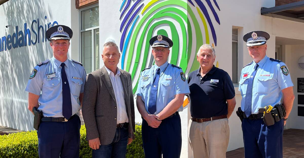 Western Region Commander Assistant Commissioner Brett Greentree, Gunnedah Shire Council mayor Jamie Chaffey, Oxley Police District Commander Detective Superintendent Bruce Grassick, deputy mayor Rob Hooke, and Gunnedah Police Station Officer in Charge Inspector Mick Wurth. Picture supplied