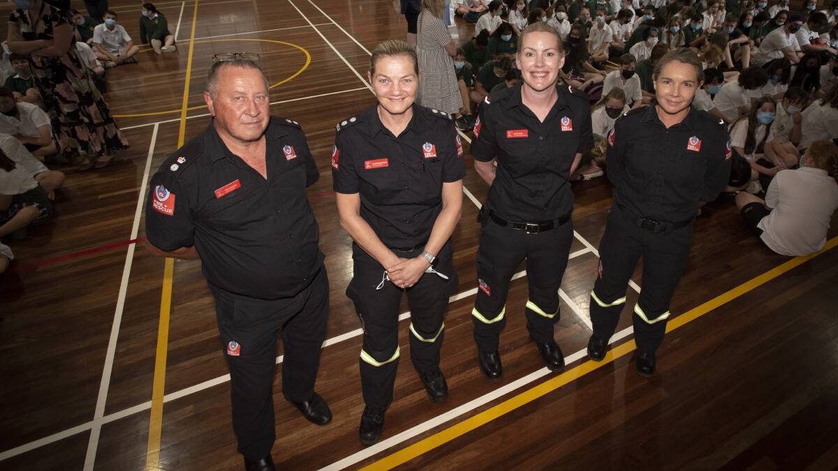 EXPERTISE: New England and North West zone Commander Tom Cooper, Fire and Rescue NSW Station Officer Bronnie Mackintosh, and Community Engagement personnel from Fire and Rescue NSW Kate Faith and Melinda McDonald kick off three-day fire safety consultation program at Peel High School. Photo: Peter Hardin
