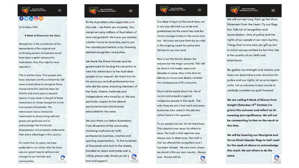A Week of Silence for the Voice. Screenshots from New South Wales Aboriginal Land Council website.