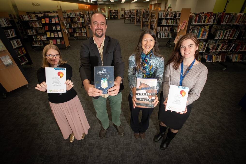 Kimberley Davis, Jonathan Stilts, Ita Hanssens and Abbey Minnage-Dehnert are preparing to stream the Sydney Writers Festival in Tamworth library. Picture by Peter Hardin