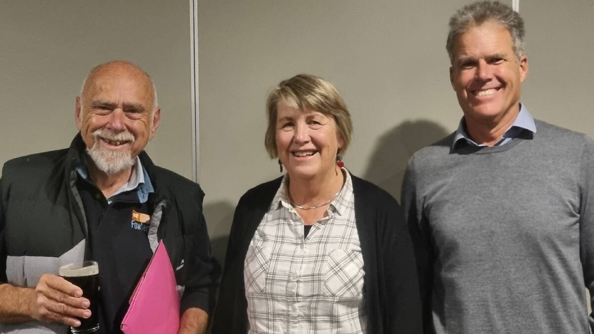 Emeritus Professor Ian Acworth, president of Gunnedah West Rotary Club Prue Kesby and energy analyst Bruce Robertson, during an update on groundwater resources in the region. Picture supplied