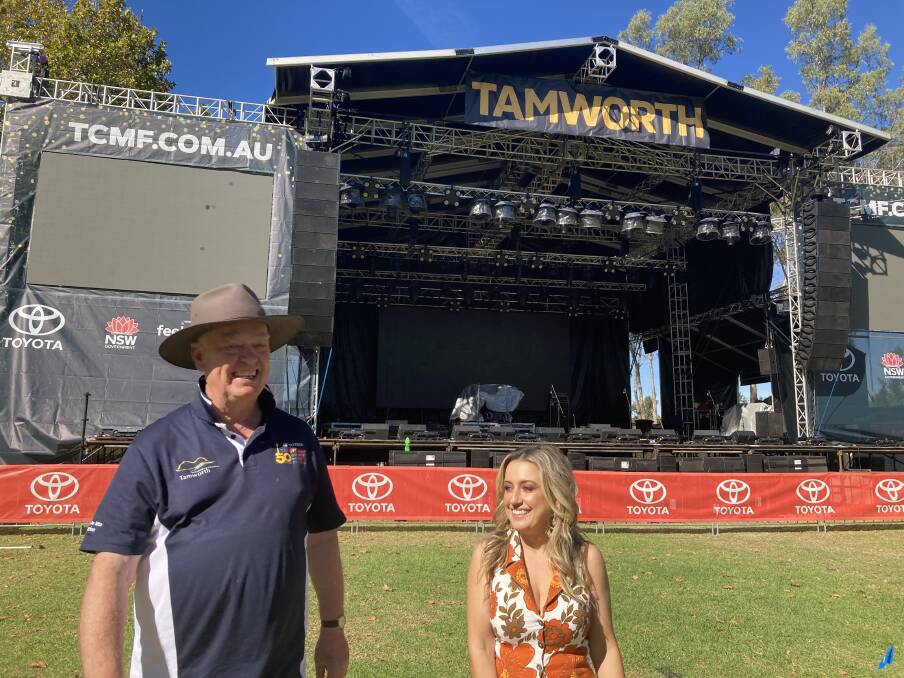 OPENING CEREMONY: Golden Guitar and ARIA #1 Australian country artist Kirsty Lee Akers will perform tonight in Bicentennial Park at the opening concert, with Toyota Country Music Festival manager Barry Harley. Photo: Eva Baxter