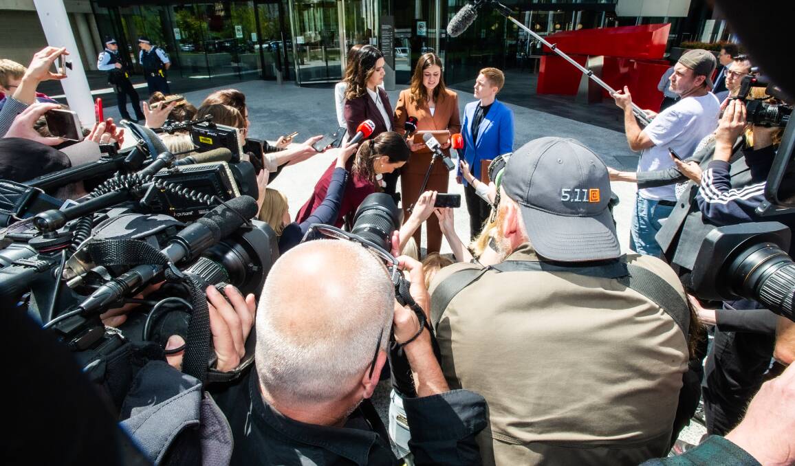 Brittany Higgins addresses media outside court in October 2022, following a mistrial. Picture by Karleen Minney