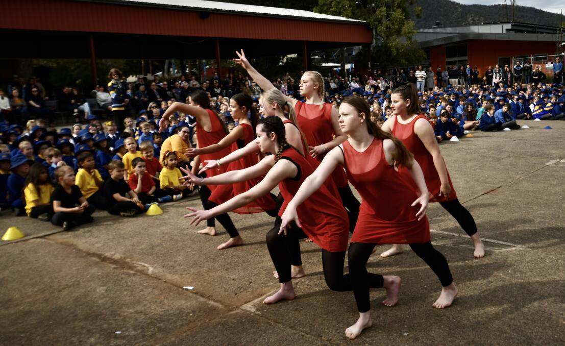 Reaching Out: Students danced to Indigenous music during the assembly. Photo: Gareth Gardener.