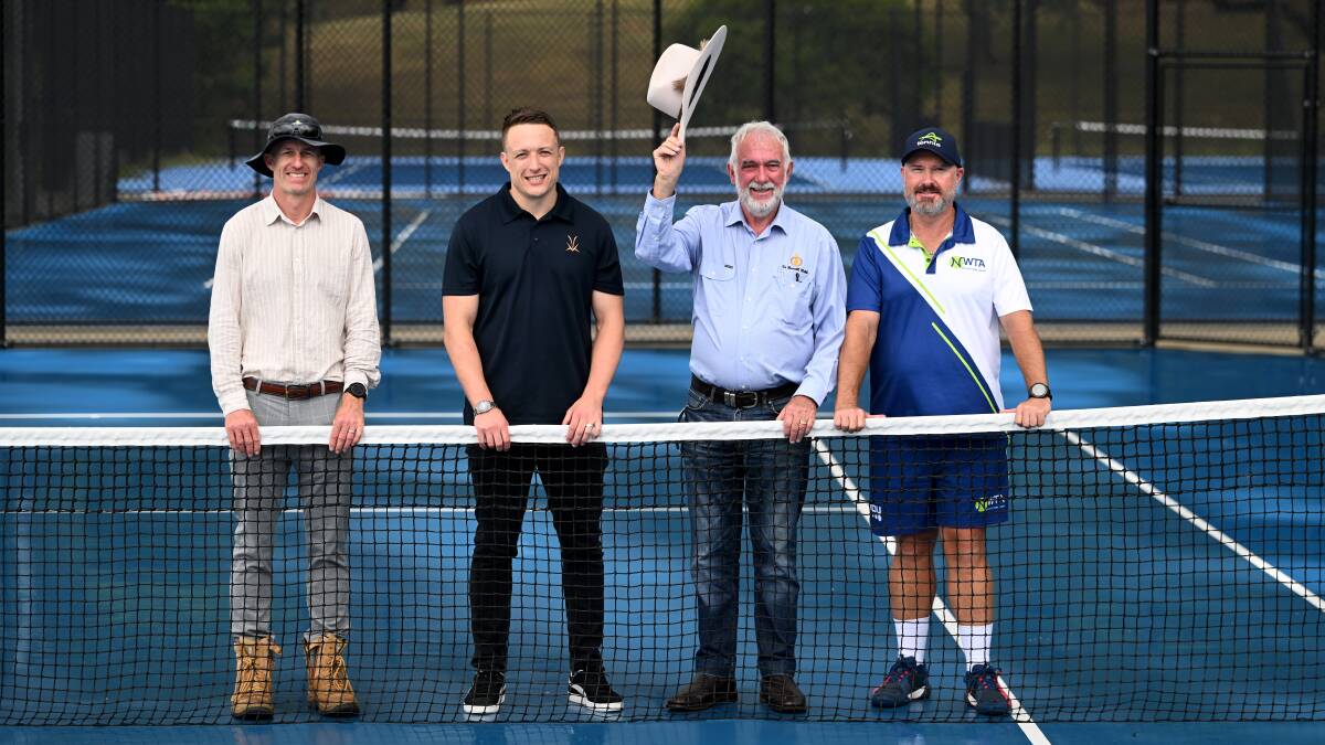 Tamworth Regional Council's Mark Gardiner, left, James Cooper, Tamworth mayor Russell Webb and North West Tennis Academy director Jarrod Campbell at the Treloar Park facility. Picture by Gareth Gardner.
