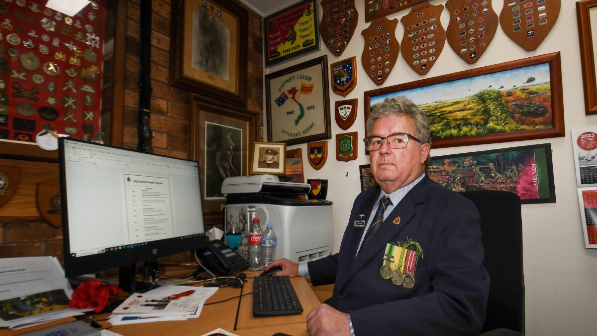 RSL Tamworth sub-branch president David Howells wears his medals as he gets prepared for ANZAC Day on April 25, 2023. Picture by Gareth Gardner