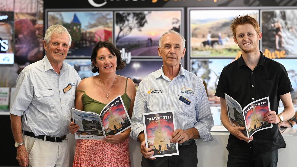The happy friendly smiling faces at the Tamworth Visitor Centre, located behind the big Golden Guitar on Goonoo Goonoo Road, are Rob Morgan-Jones, left, Renae Townsend, Chris Power and Nick Lewis. Picture by Gareth Gardner.