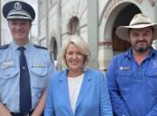 NSW Police assistant commissioner Brett Greentree, left, with NSW Police Minister Yasmin Catley, and Detective Sergeant Graeme Campbell in Gunnedah on Friday, November 24, 2023. Picture by Rachel Gray 