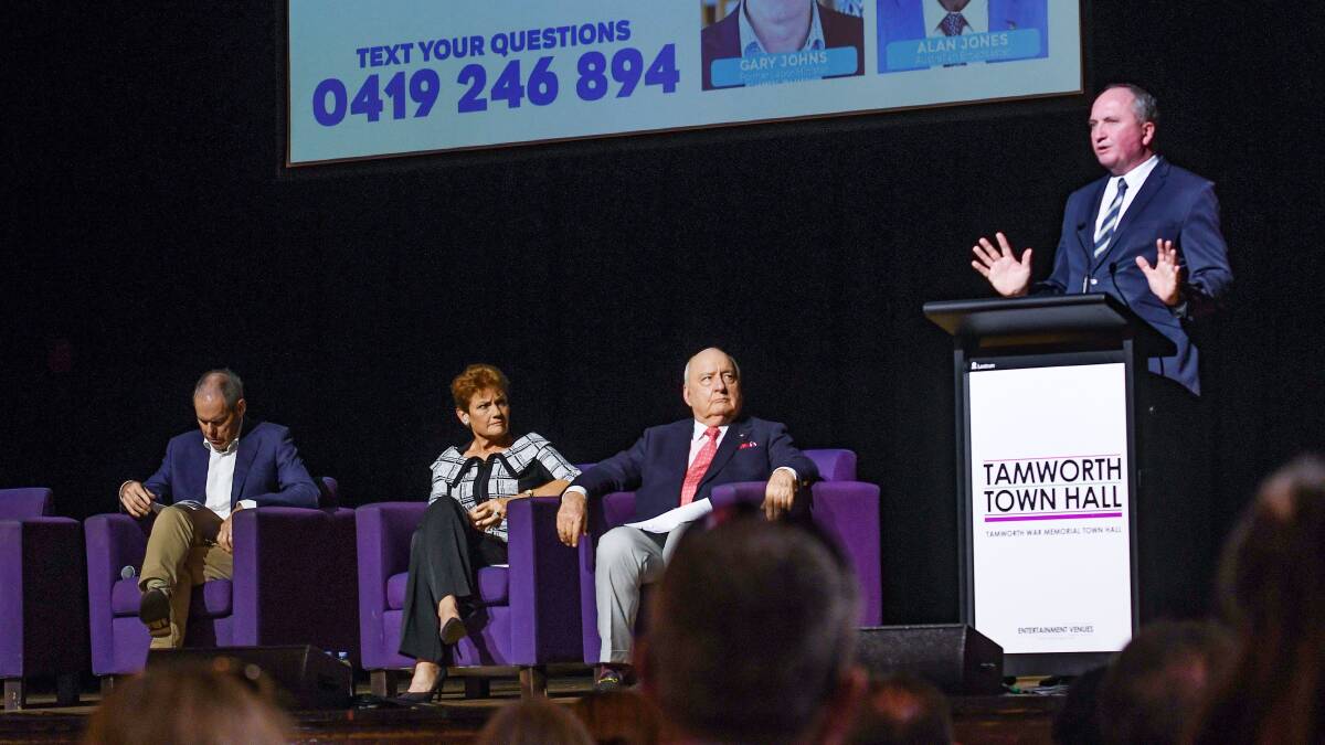 Barnaby Joyce, right, Alan Jones, Pauline Hanson and Gary Johns speak at a forum against The Voice to Parliament. Picture by Gareth Gardner