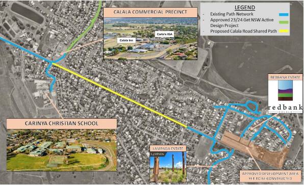 This diagram shows how the newly-approved Calala Lane pathway (yellow) is expected to link up existing walking and cycling tracks (blue). The green line shows another pathway already in development. Picture supplied by Tamworth Regional Council
