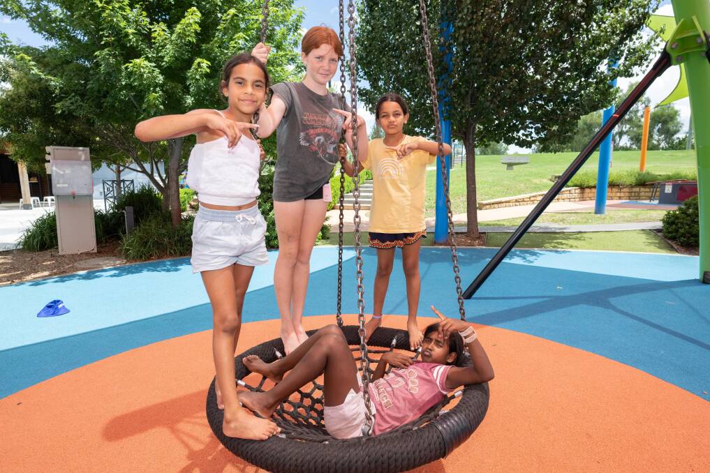 Mahailiah Cubby, Isabella Bamblett, Katchelle Mackay and Angela Hooper at the Tamworth Regional Playground. Picture by Peter Hardin