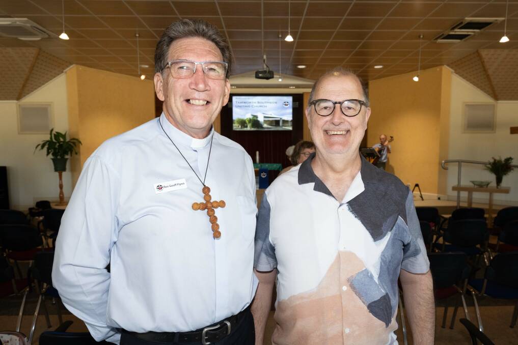 Tamworth Uniting Church Reverend Geoff Flynn with former Tamworth Reverend Grant Atkins, who came up from Sydney for the anniversary. Picture by Peter Hardin