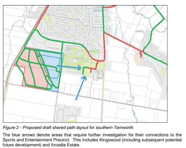 A draft layout of the future walking/cycling network for the southern edge of Tamworth has been developed. The green lines represent proposed paths, and red shows existing paths. The blue arrows 'require further investigation'. Picture supplied by Tamworth Regional Council