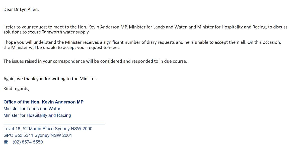 Kevin Anderson's office initially responded to the Alliance's open invitation by saying "the Minister will be unable to accept your request to meet". Screenshot supplied by the Tamworth Water Security Alliance