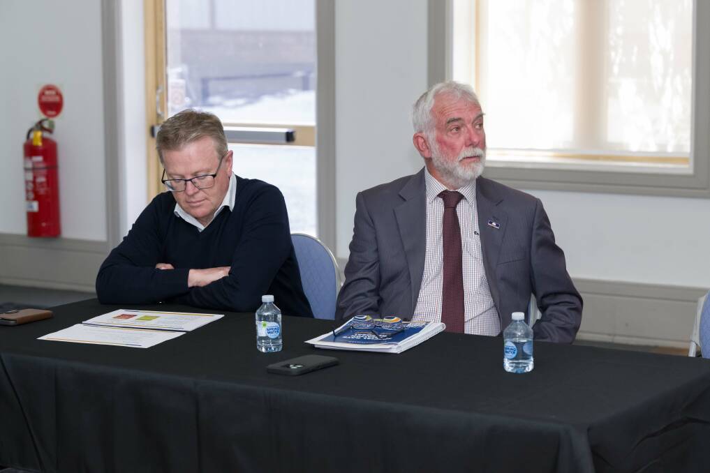 Tamworth council's General Manager Paul Bennett and mayor Russell Webb fielded questions from a concerned public over a proposed rate increase. Picture by Peter Hardin