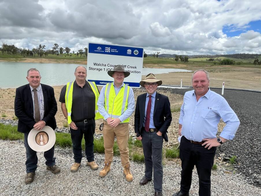 Walcha council's mayor Eric Noakes, director of infrastructure and development Al Butler, general manager Phil Hood, Member for Northern Tablelands Adam Marshall, and Member for New England Barnaby Joyce at the new Walcha dam. Picture supplied