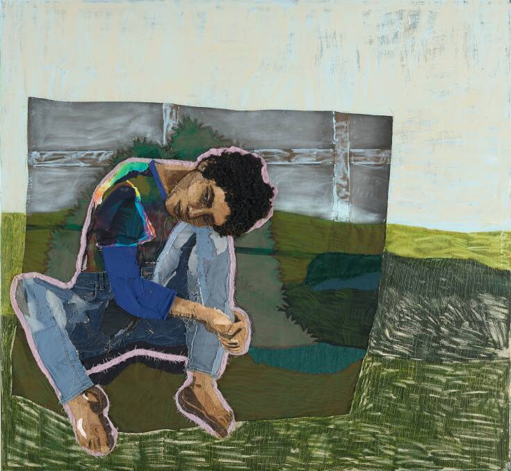 Julia Gutman's "Head in the sky, feet on the ground" is the winner of the 2023 Archibald Prize and was crafted using oil, found textiles and embroidery on canvas. Picture supplied by the Tamworth Regional Gallery