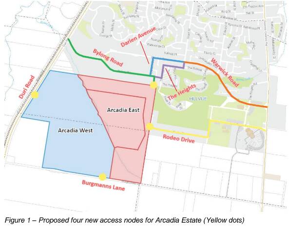 The current plan for Arcadia Estate includes four access points from Duri Road, Burgmanns Lane, Bylong Road, and Rodeo Drive. Picture supplied by Tamworth Regional Council