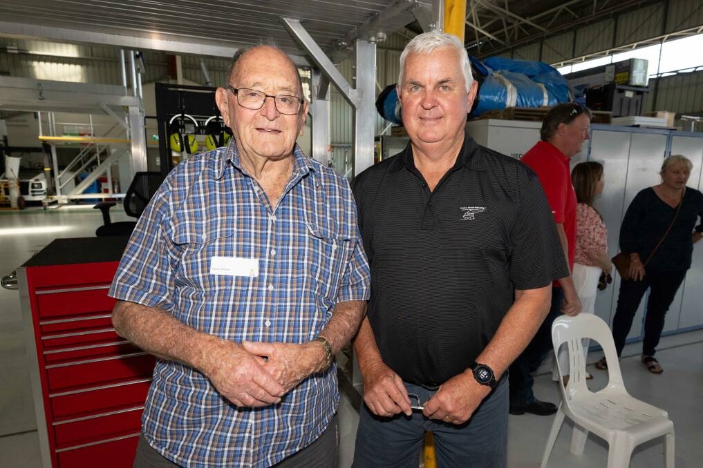 Retired nurse Kevin Harman with the Westpac helicopter's Jeff Galbraith. Picture by Peter Hardin