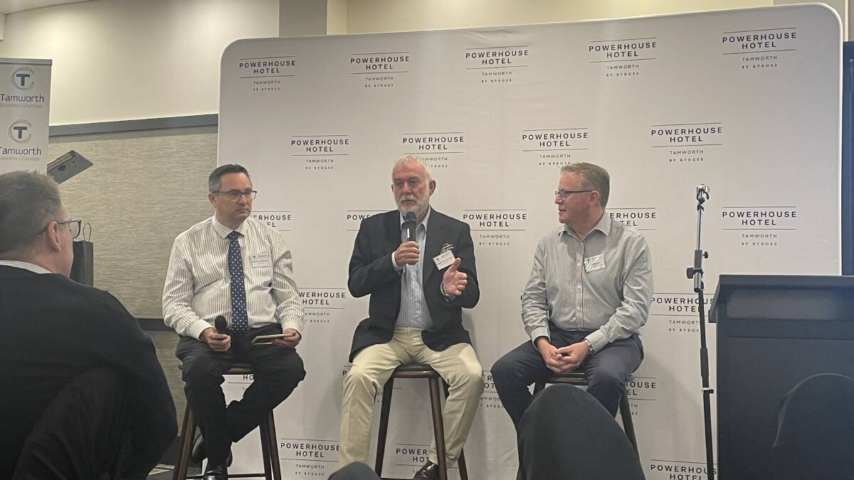 Tamworth Business Chamber president Matthew Sweeney, mayor Russell Webb, and council general manager Paul Bennett answering questions at the State of the City breakfast. Picture by Jonathan Hawes