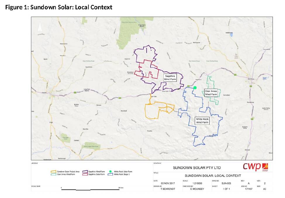 The Sundown Solar Farm, outlined in orange, is proposed to be built near other existing and developing renewable energy projects, including the Sapphire Wind and Solar Farms, White Rock Wind and Solar Farms and Glen Innes Wind Farm. Picture supplied by Canadian Solar