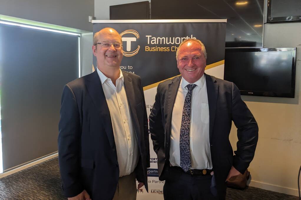 Judo Bank's chief economist Warren Hogan with Federal Member for New England Barnaby Joyce at the Tamworth Business Chamber's state of the nation lunch. Picture by Jonathan Hawes