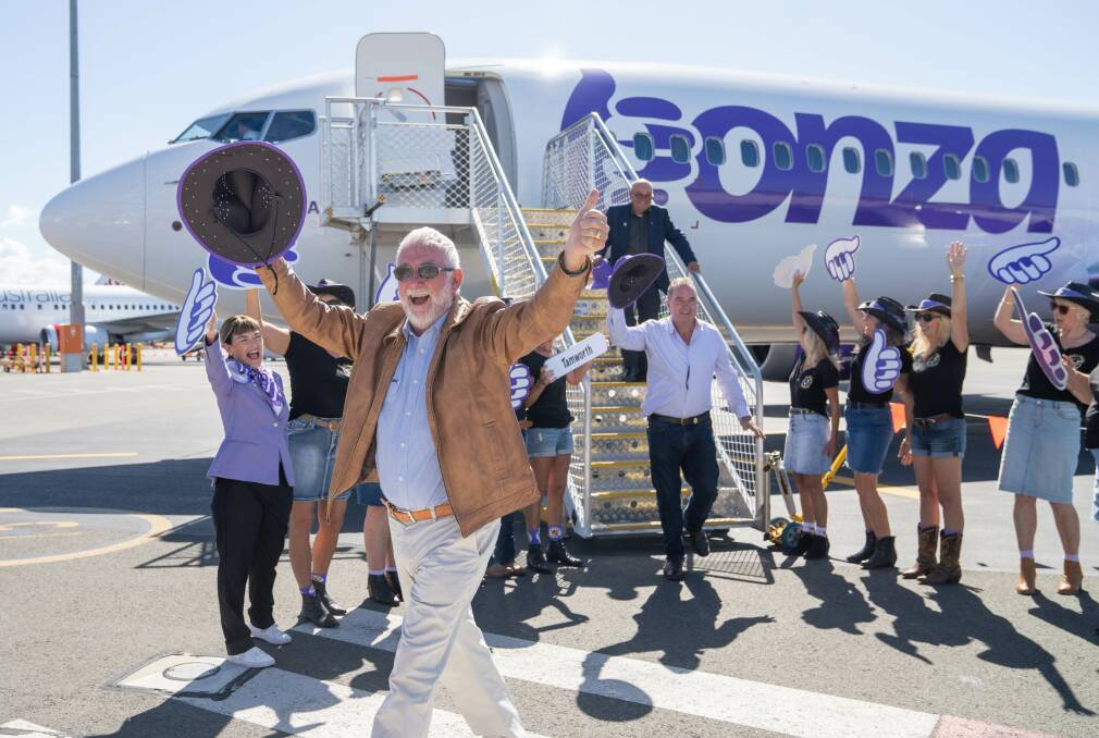 Tamworth mayor Russell Webb disembarking from Bonza's first flight from Tamworth to the Sunshine coast on Saturday, May 6. Picture supplied by Bonza