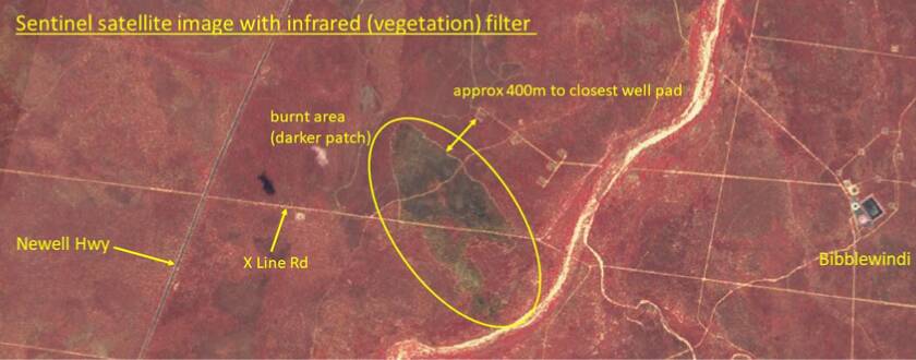 A firefighter's submission on the Narrabri Gas Project provided an image showing the footprint of a bushfire in January 2020. It started about 400 metres from a gas well. Picture supplied