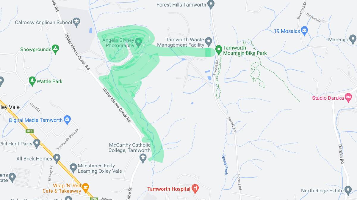 The proposed site for affordable housing in North Tamworth extends behind McCarthy Catholic College, along Moore Creek Road and behind Calrossy Anglican School and across towards the Tamworth Landfill with a small frontage on Forest Road. Picture supplied by Google Maps