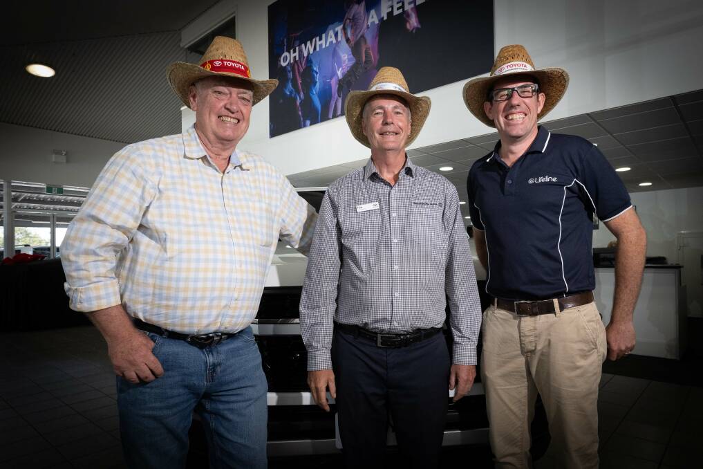 TRC country music festival manager Barry Harley, Tamworth City Toyota dealer principal Tim Easy, and Lifeline Northern NSW general manager Michael Were show off the iconic straw hats. Picture by Peter Hardin