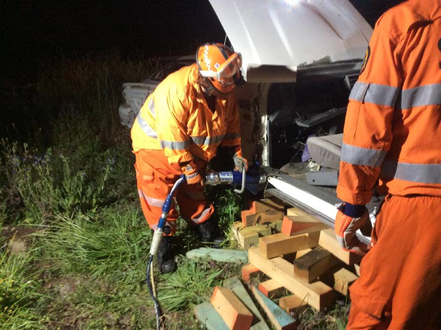 The SES unit lost multiple pieces of equipment in the break-in including a powered saw pictured being used to compete a rescue. Picture supplied by Tambar Springs SES Unit