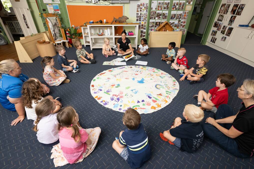 Students ta St Mary's Preschool in Tamworth look forward to their Gamilaraay language lessons with teacher Renee Houldsworth. Pictures by Peter Hardin