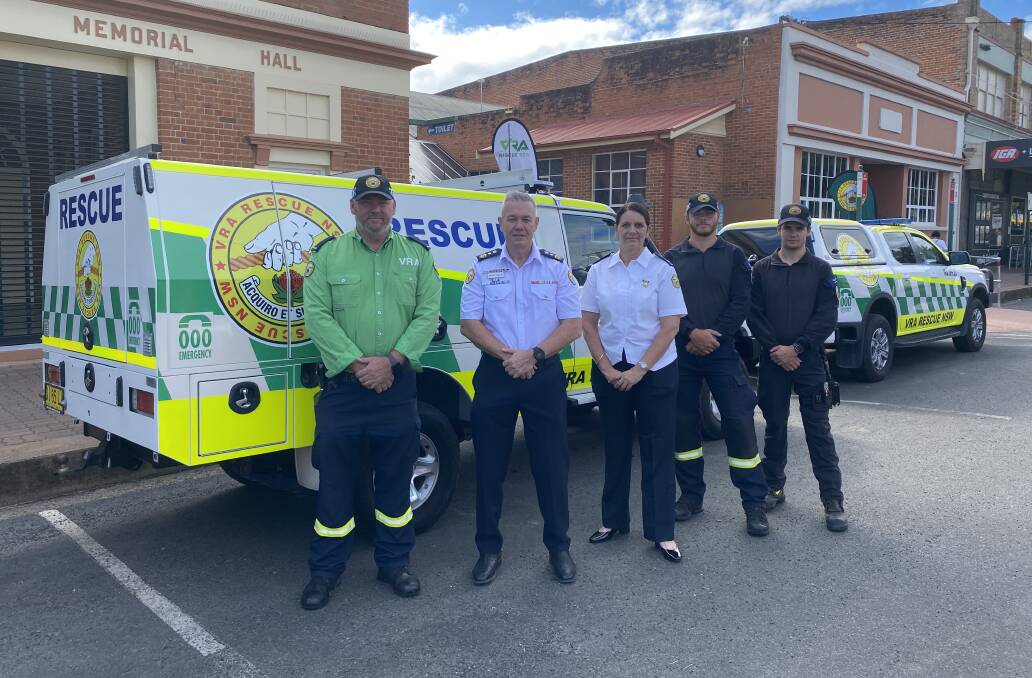 VRA Rescue NSW regional operations manager Tony Cole, Commissioner Brenton Charlton, and people safety and culture manager Kasey Maguire, with Central Coast squad representative Riley Nolan and Cessnock squad representative, Kynan Davies. Picture supplied by VRA Rescue NSW