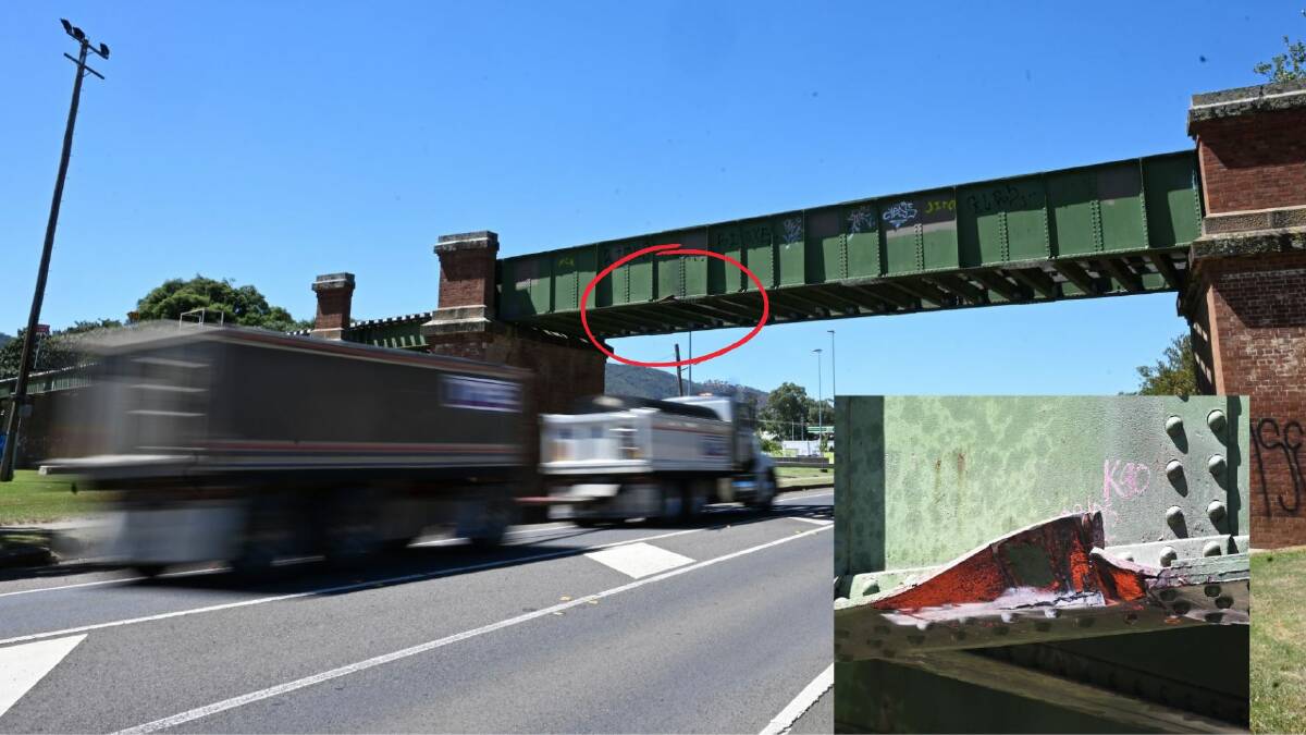 Damage to the viaduct bridge (inset) over Peel Street has temporarily halted rail passenger services between Werris Creek and Armidale, replaced by buses. Pictures by Gareth Gardner
