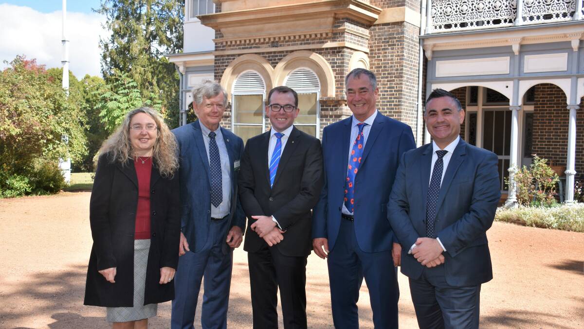 UPGRADE: National Trust (NSW) CEO Debbie Mills with Northern Tablelands MP Adam Marshall, Saumarez Homestead property manager Les Davis, Armidale Regional Council mayor Simon Murray and Deputy Premier John Barilaro at the funding announcement today at Saumarez Homestead.