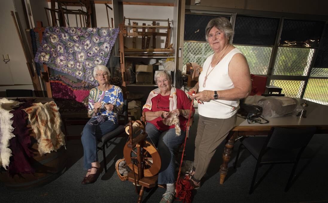 Knit and talk: Diana Gilkes, Prue Campese and Dorothy Wasson from the Saturday Yarners. Photo: Peter Hardin.