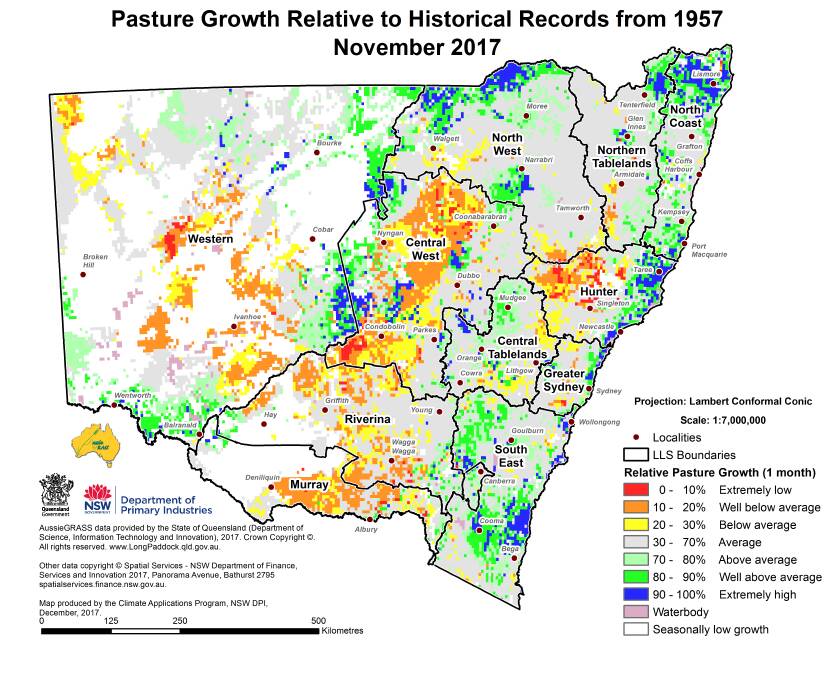Pasture growth relative to historical records from 1957 November 2017 Map.