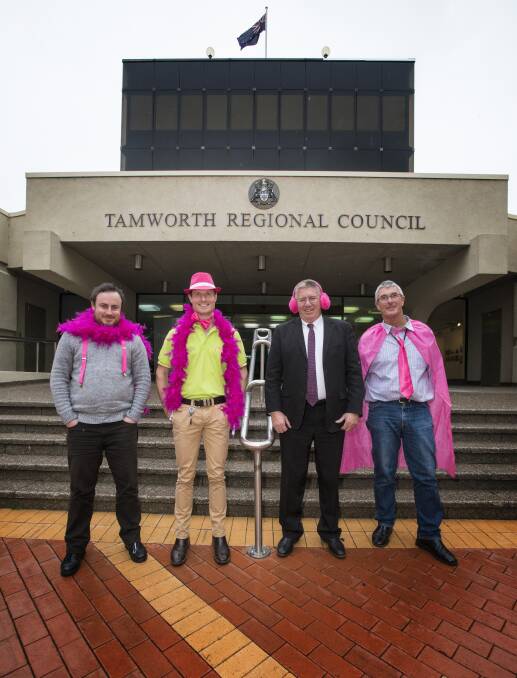 Real Men Wear Pink: Justin Lamerton, Dan Whale, Col Murray and Murray Lang are all 'pinked up'. Photo: Peter Hardin 070617PHC004
