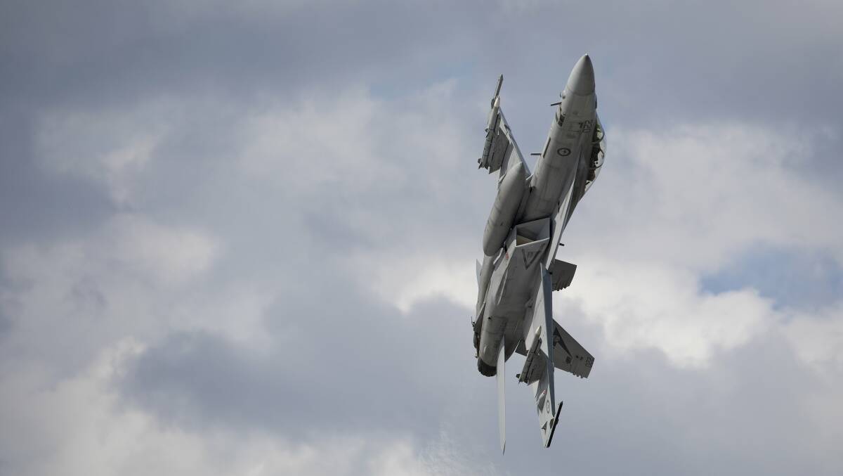 A Royal Australian Air Force F/A-18F Super Hornet rehearses a flying display over RAAF Base Amberley. Picture by LACW Kate Czerny.