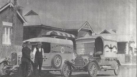 This July 1,1925 photo shows Superintendent Bowdler with driver Webster at 65 Church Street, with their new Austin ambulance (left) and original Model T Ford (right). 