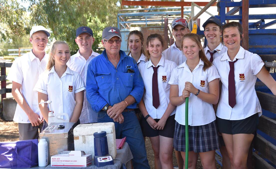 Learning: Geoff Steinbeck from Excel Genetics with students from Quirindi High School on Monday. Photo: Supplied.