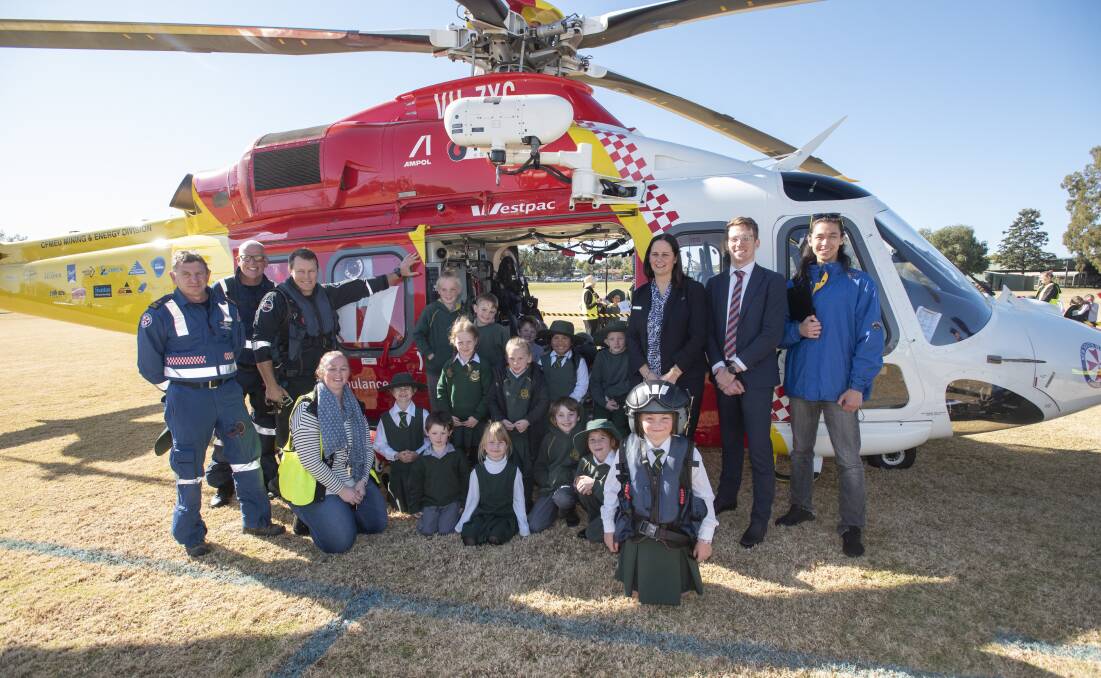 Chopper Champions: The Westpac Rescue Helicopter touched down at Tamworth South Public School on Thursday. Photo: Peter Hardin.