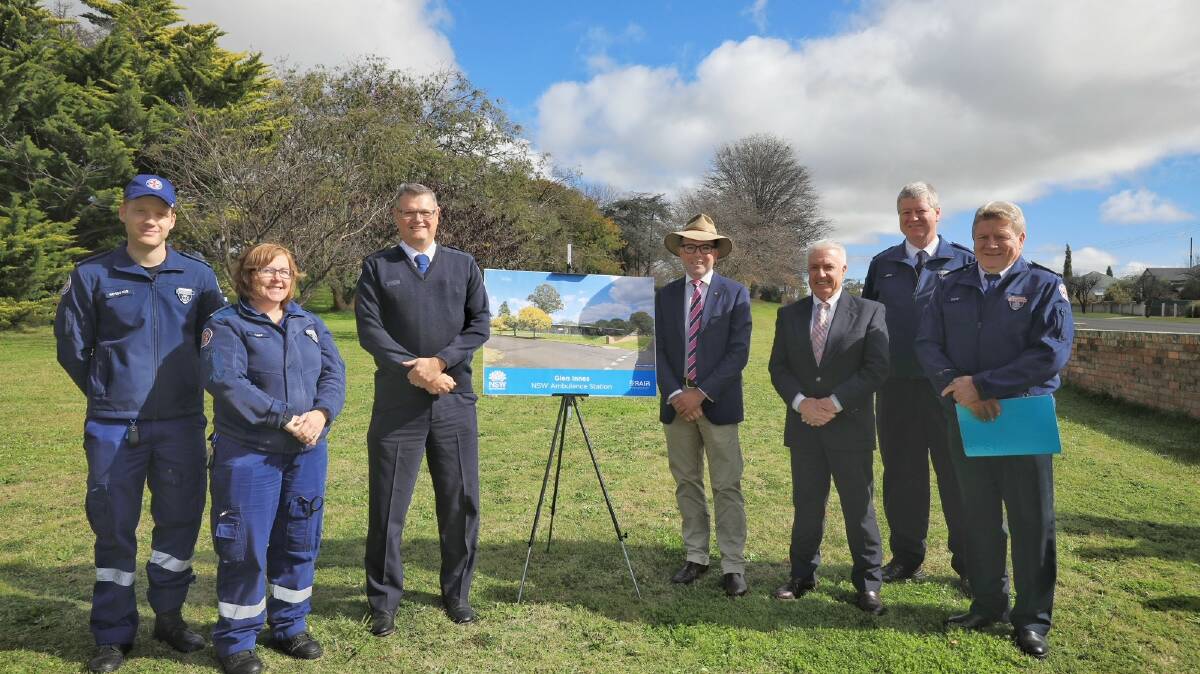 Celebrating the good news of a new $8.5 million ambulance station for Glen Innes, to be built on the hospital grounds, with local paramedics Jacob Montafia, left, Cassandra Copeland, Zone Manager Chief Superintendent Tim Collins, Northern Tablelands MP Adam Marshall, Mayor Rob Banham, Glen Innes Station Officer John Alford and Duty Operations Manager Inspector Terry Savage.