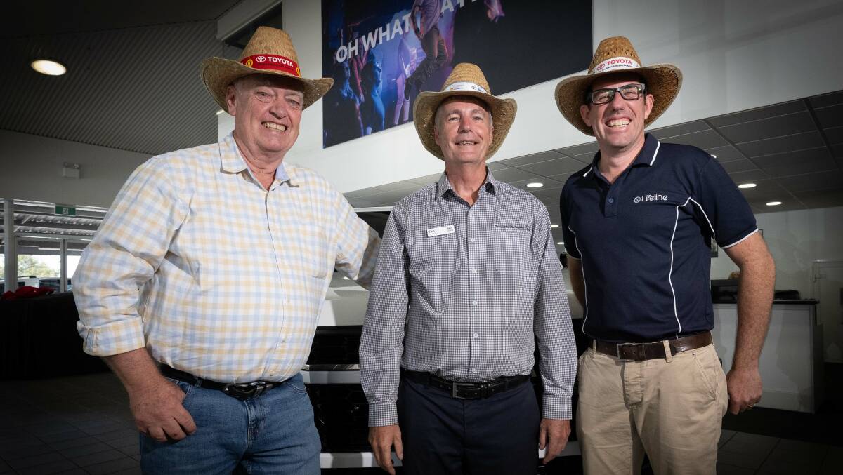 TRC country music festival manager Barry Harley, Tamworth City Toyota dealer principal Tim Easy, and Lifeline Northern NSW general manager Michael Were with the iconic straw hats. Picture by Peter Hardin, from file.